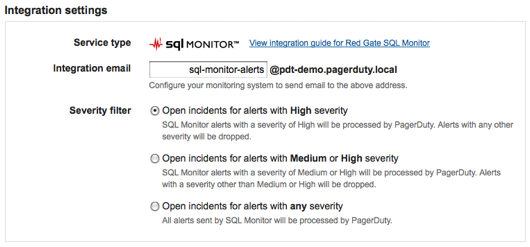 Filter settings for SQL Monitor PagerDuty service